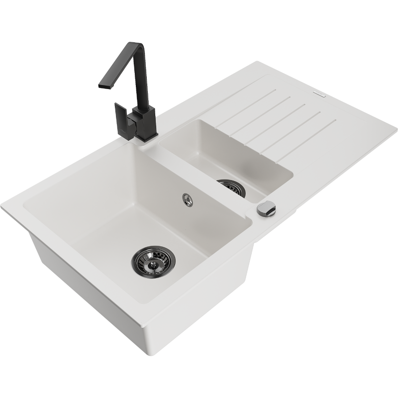 Mexen Matias granite sink 1.5-bowl with drainer and Rita kitchen tap, white - 6502-20-670300-70
