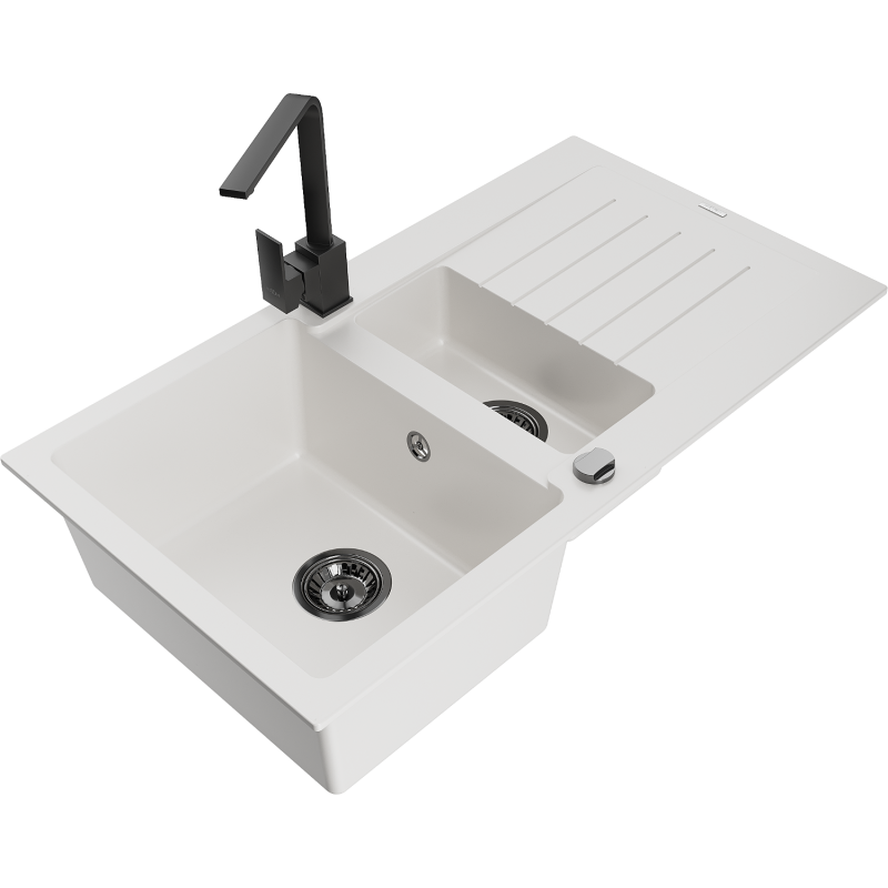 Mexen Matias lava-louça de granito 1,5-cuba com escorredor e torneira de cozinha Rita, branco - 6502-20-670300-70