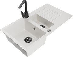 Mexen Matias lavello in granito 1,5 vasche con scolapiatti e miscelatore cucina Rita, bianco - 6502-20-670300-70