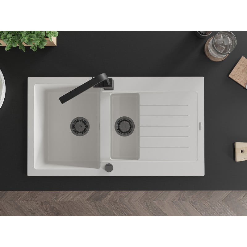 Mexen Matias granitdiskbänk 1,5-fack med avrinningsyta och köksblandare Rita, vit - 6502-20-670300-70