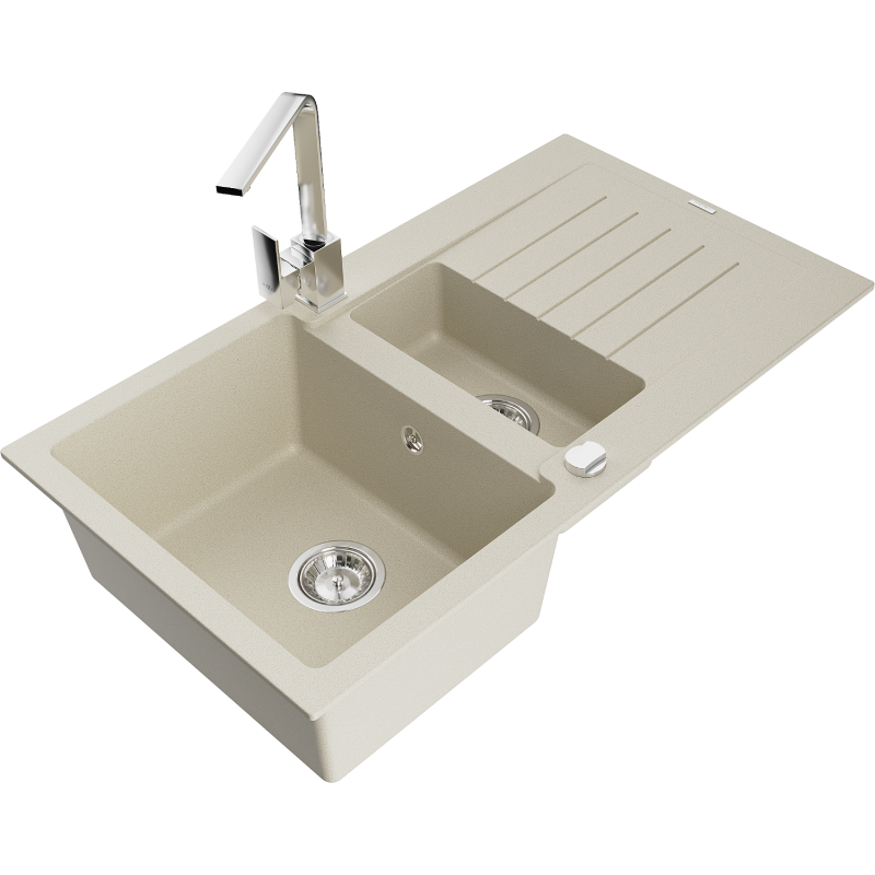 Mexen Matias fregadero de granito de 1,5 senos con escurridor y grifo de cocina Rita, beige - 6502-69-670300-00