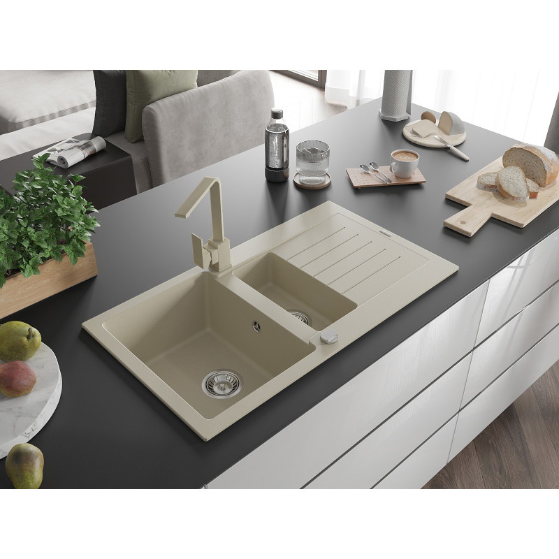 Mexen Matias granitische gootsteen 1,5-kamer met afdruiprek en keukenkraan Rita, beige - 6502-69-670300-69