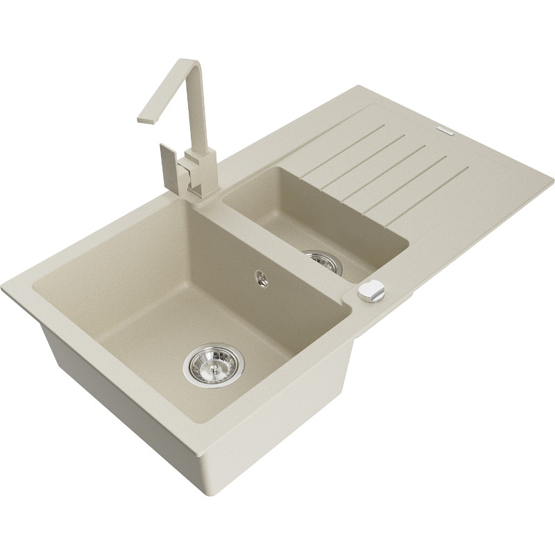 Mexen Matias granitische gootsteen 1,5-kamer met afdruiprek en keukenkraan Rita, beige - 6502-69-670300-69