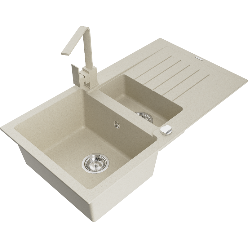 Mexen Matias Granitspüle 1,5-becken mit Abtropffläche und Küchenarmatur Rita, Beige - 6502-69-670300-69