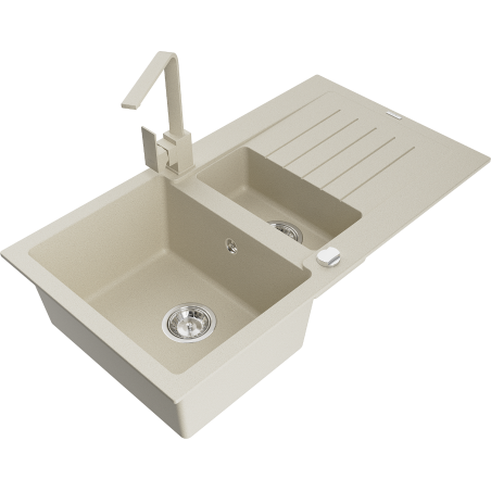 Mexen Matias fregadero de granito de 1,5 senos con escurridor y grifo de cocina Rita, beige - 6502-69-670300-69