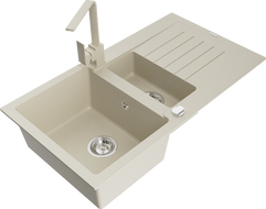 Mexen Matias lavello in granito 1,5 vasche con sgocciolatoio e miscelatore cucina Rita, beige - 6502-69-670300-69