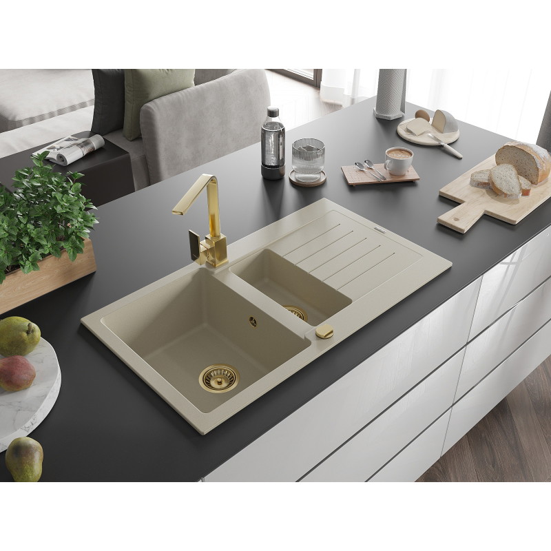 Mexen Matias granieten gootsteen 1,5-kamer met afdruiprek en keukenmengkraan Rita, beige - 6502-69-670300-50