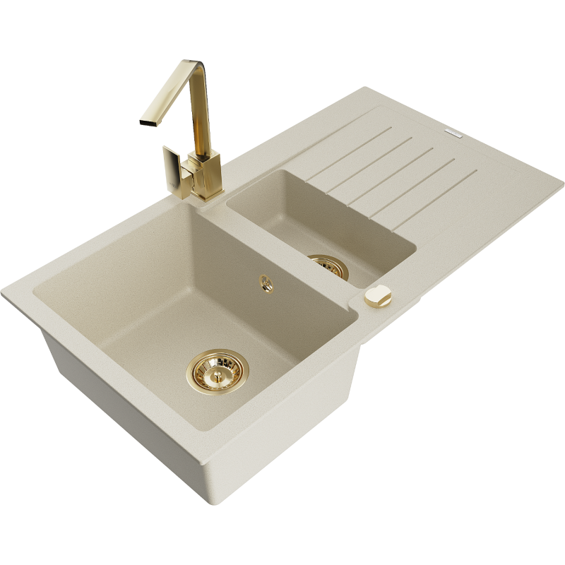 Mexen Matias 1.5-bowl granite sink with drainer and Rita kitchen tap, beige - 6502-69-670300-50