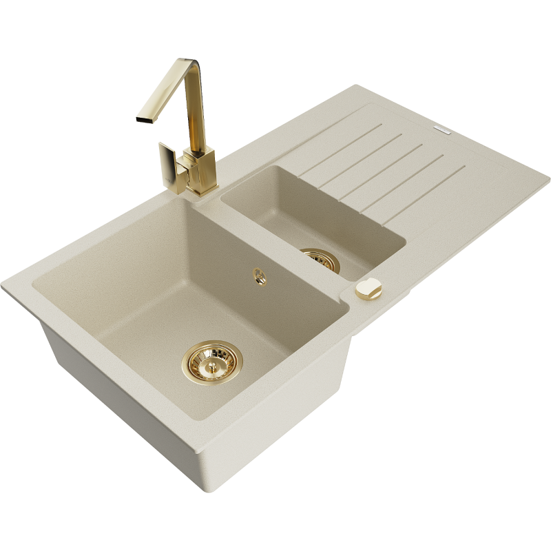 Mexen Matias Granitspüle 1,5-Becken mit Abtropffläche und Küchenarmatur Rita, beige - 6502-69-670300-50