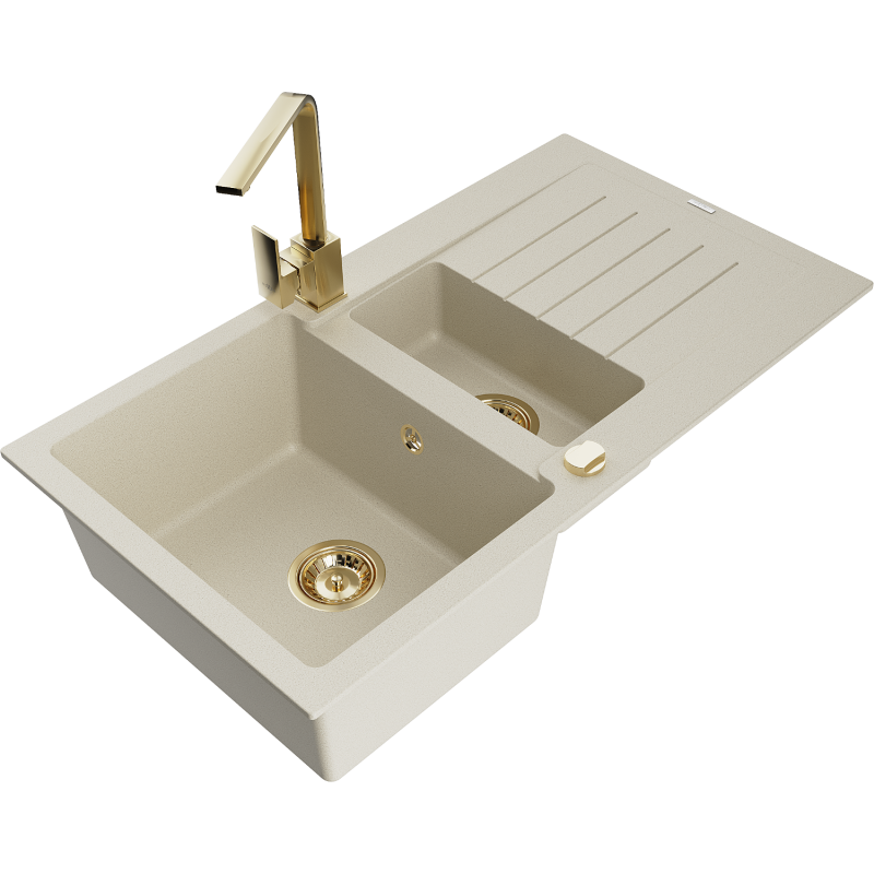 Mexen Matias Granitspüle 1,5-beckig mit Abtropffläche und Küchenarmatur Rita, beige - 6502-69-670300-50