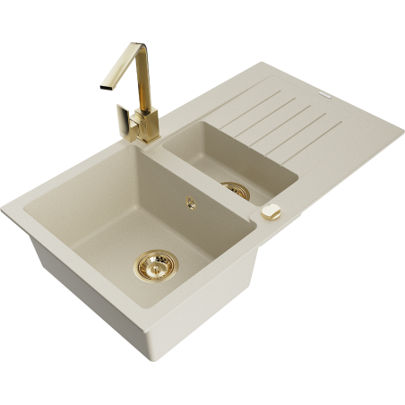 Mexen Matias 1.5-bowl granite sink with drainer and Rita kitchen tap, beige - 6502-69-670300-50