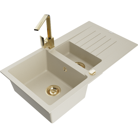 Mexen Matias lavello in granito 1,5 vasche con sgocciolatoio e rubinetto cucina Rita, beige - 6502-69-670300-50
