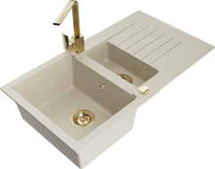 Mexen Matias 1.5-bowl granite sink with drainer and Rita kitchen tap, beige - 6502-69-670300-50