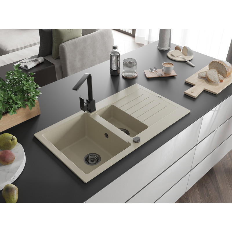 Mexen Matias granitische spoelbak 1,5 compartimenten met afdruiprek en keukenkraan Rita, beige - 6502-69-670300-70