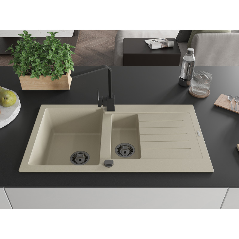 Mexen Matias granitische spoelbak 1,5 compartimenten met afdruiprek en keukenkraan Rita, beige - 6502-69-670300-70