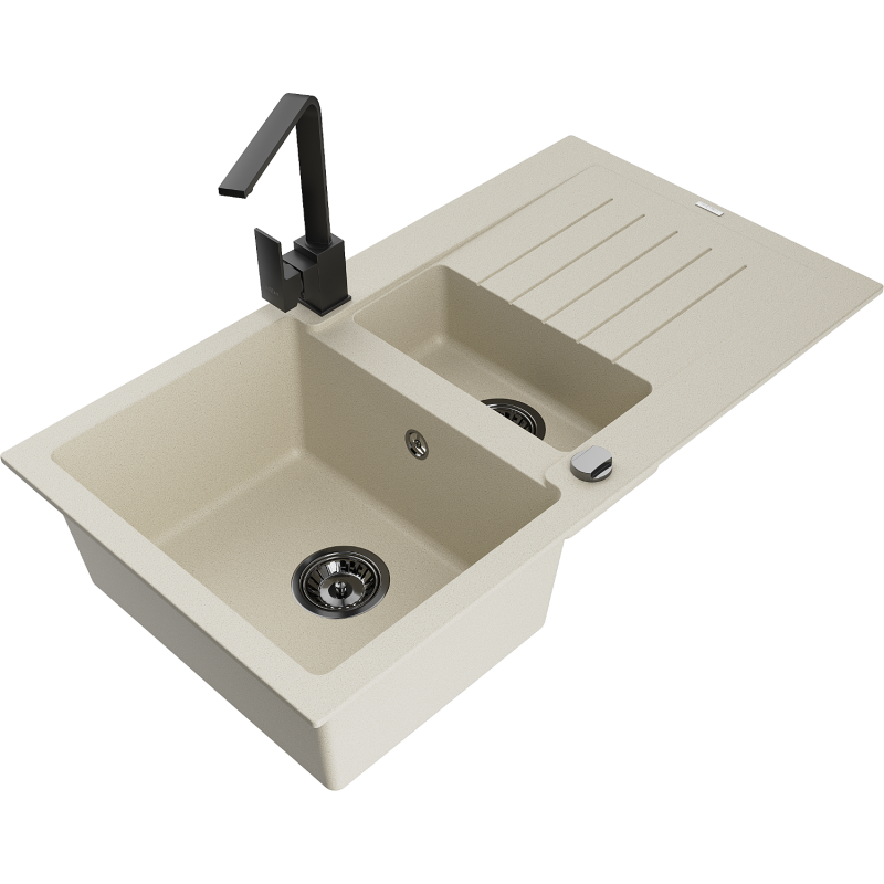Mexen Matias fregadero de granito de 1,5 senos con escurridor y grifo de cocina Rita, beige - 6502-69-670300-70