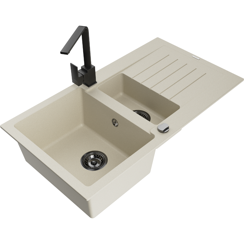 Mexen Matias Granitspüle 1,5 Kammern mit Abtropffläche und Küchenarmatur Rita, beige - 6502-69-670300-70