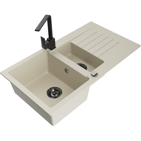 Mexen Matias granieten gootsteen 1,5-kamer met afdruiprek en keukenmengkraan Rita, beige - 6502-69-670300-70