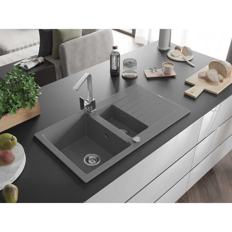 Mexen Matias fregadero de granito 1,5 senos con escurridor y grifo de cocina Rita, gris - 6502-71-670300-00