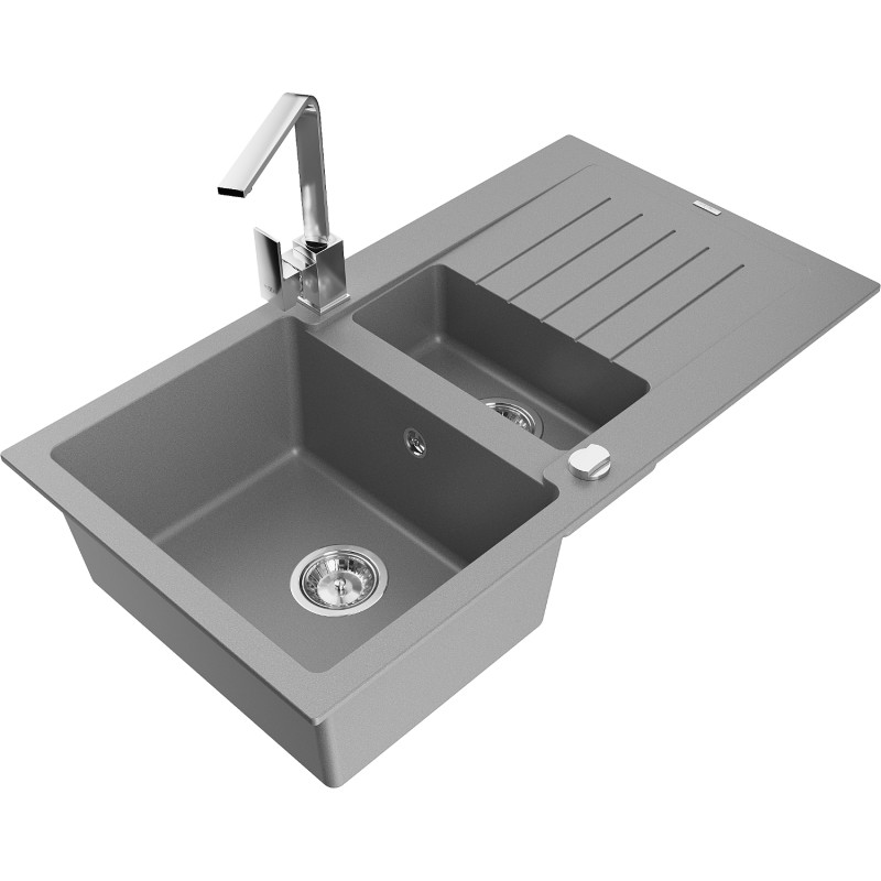 Mexen Matias fregadero de granito de 1.5 cubetas con escurridor y grifo de cocina Rita, gris - 6502-71-670300-00