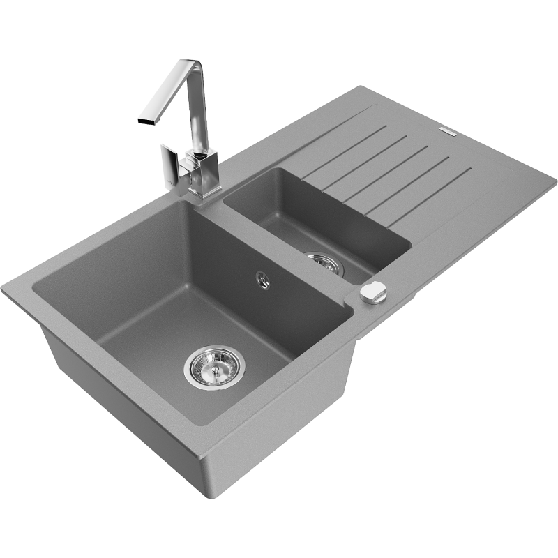 Mexen Matias granite kitchen sink 1.5-bowl with drainer and Rita kitchen tap, grey - 6502-71-670300-00