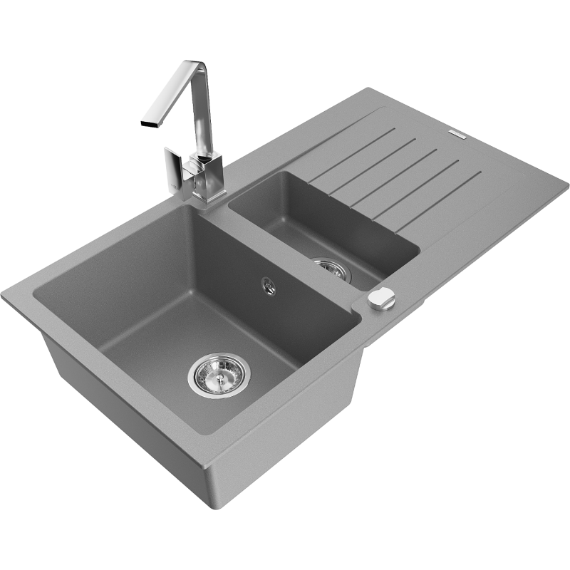 Mexen Matias zlewozmywak granitowy 1,5-komorowy z ociekaczem i baterią kuchenną Rita, szary - 6502-71-670300-00