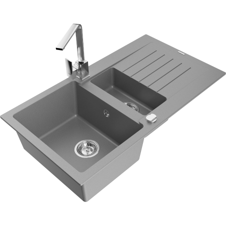 Mexen Matias granite kitchen sink 1.5-bowl with drainer and Rita kitchen tap, grey - 6502-71-670300-00