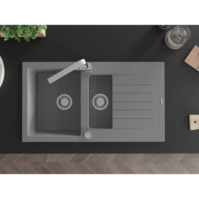 Mexen Matias granite kitchen sink 1.5-bowl with drainer and Rita kitchen tap, grey - 6502-71-670300-00