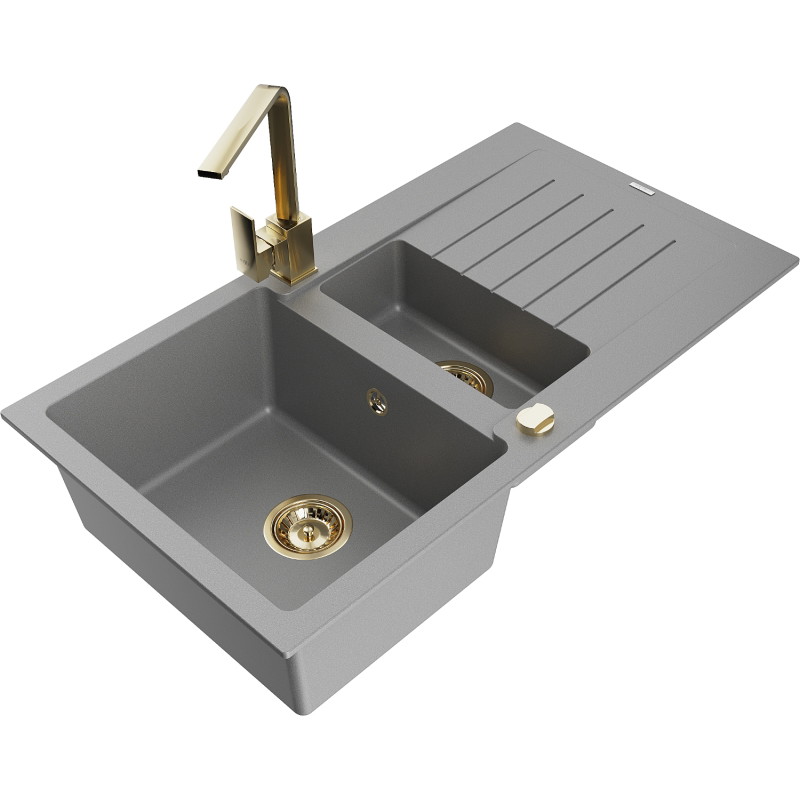 Mexen Matias 1.5-bowl granite sink with drainer and Rita kitchen faucet, gray - 6502-71-670300-50