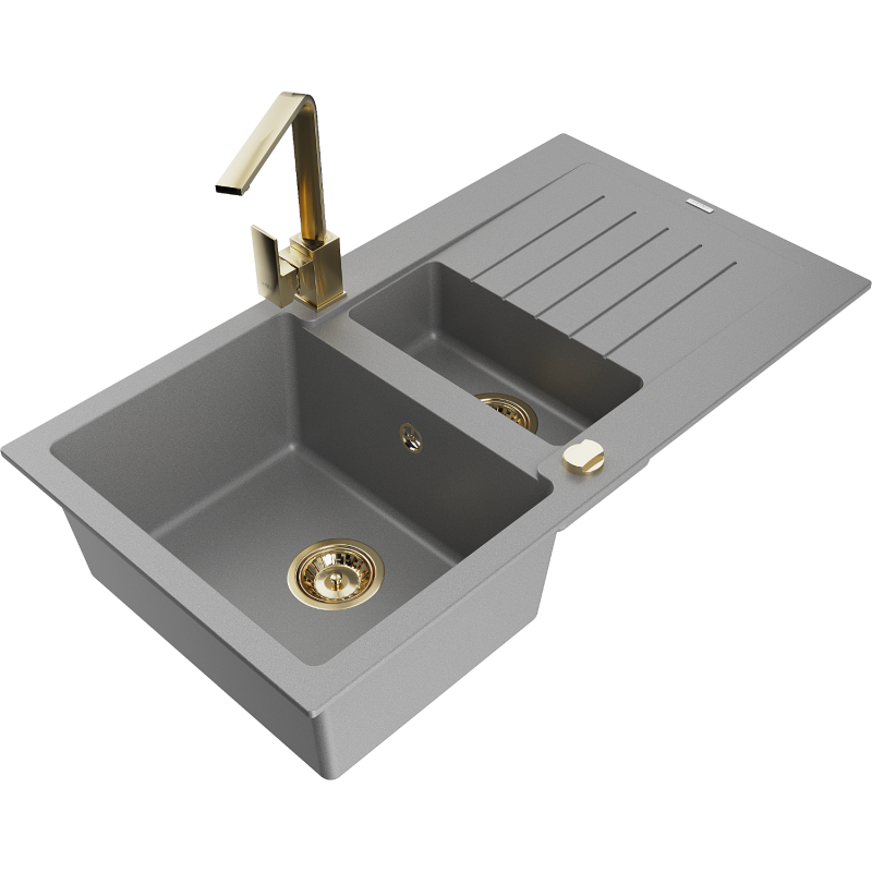 Mexen Matias fregadero de granito 1,5 tazones con escurridor y grifo de cocina Rita, gris - 6502-71-670300-50