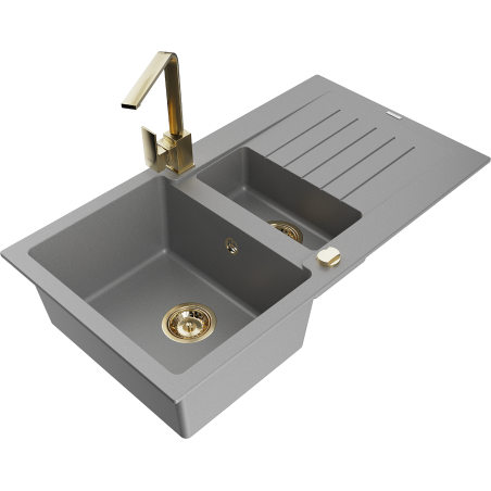 Mexen Matias fregadero de granito de 1,5 senos con escurridor y grifo de cocina Rita, gris - 6502-71-670300-50