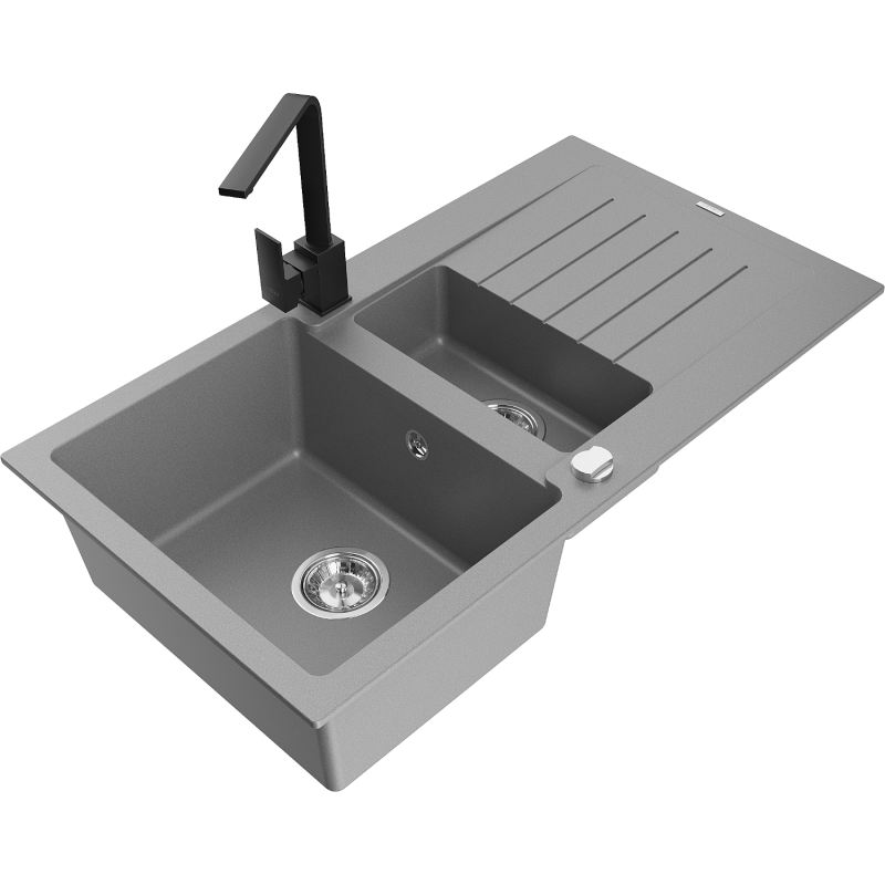 Mexen Matias fregadero de granito de 1,5 senos con escurridor y grifo de cocina Rita, gris - 6502-71-670300-70