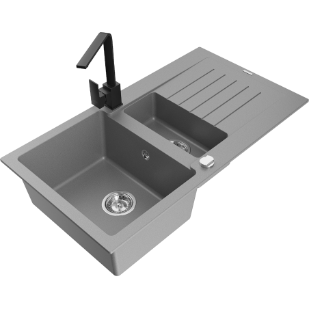 Mexen Matias 1.5-bowl granite sink with drainer and Rita kitchen tap, grey - 6502-71-670300-70