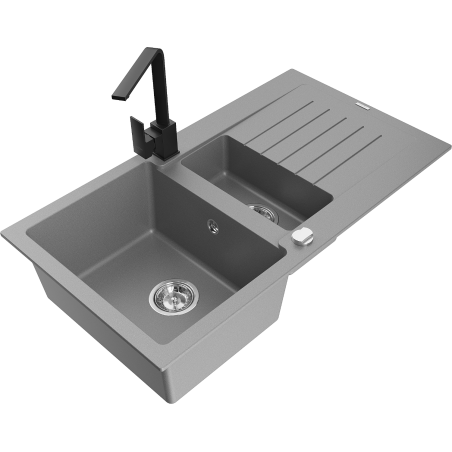 Mexen Matias fregadero de granito de 1,5 senos con escurridor y grifo de cocina Rita, gris - 6502-71-670300-70