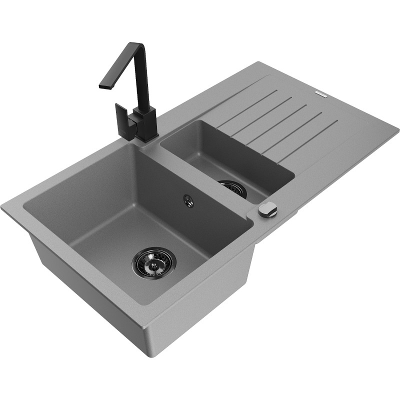 Mexen Matias fregadero de cocina granito de 1,5 senos con escurridor y grifo Rita, gris - 6502-71-670300-70-B