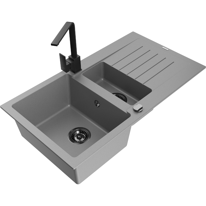 Mexen Matias fregadero de granito de 1,5 senos con escurridor y grifo de cocina Rita, gris - 6502-71-670300-70-B