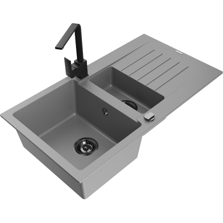 Mexen Matias fregadero de granito de 1,5 senos con escurridor y grifo de cocina Rita, gris - 6502-71-670300-70-B