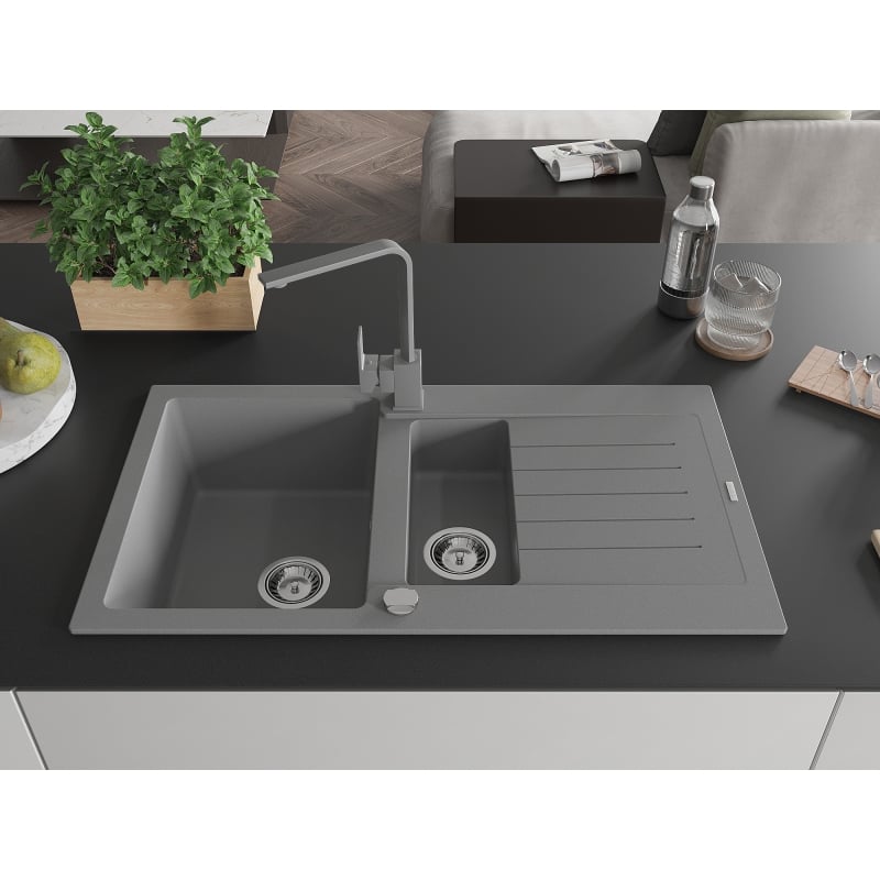 Mexen Matias 1.5-Bowl Granite Sink with Drainer and Kitchen Faucet Rita, Gray - 6502-71-670300-71