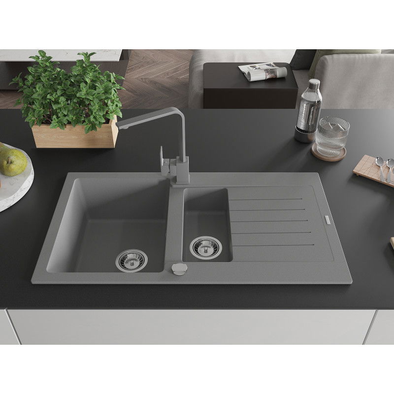 Mexen Matias granite sink 1.5-bowl with drainer and Rita kitchen tap, grey - 6502-71-670300-71
