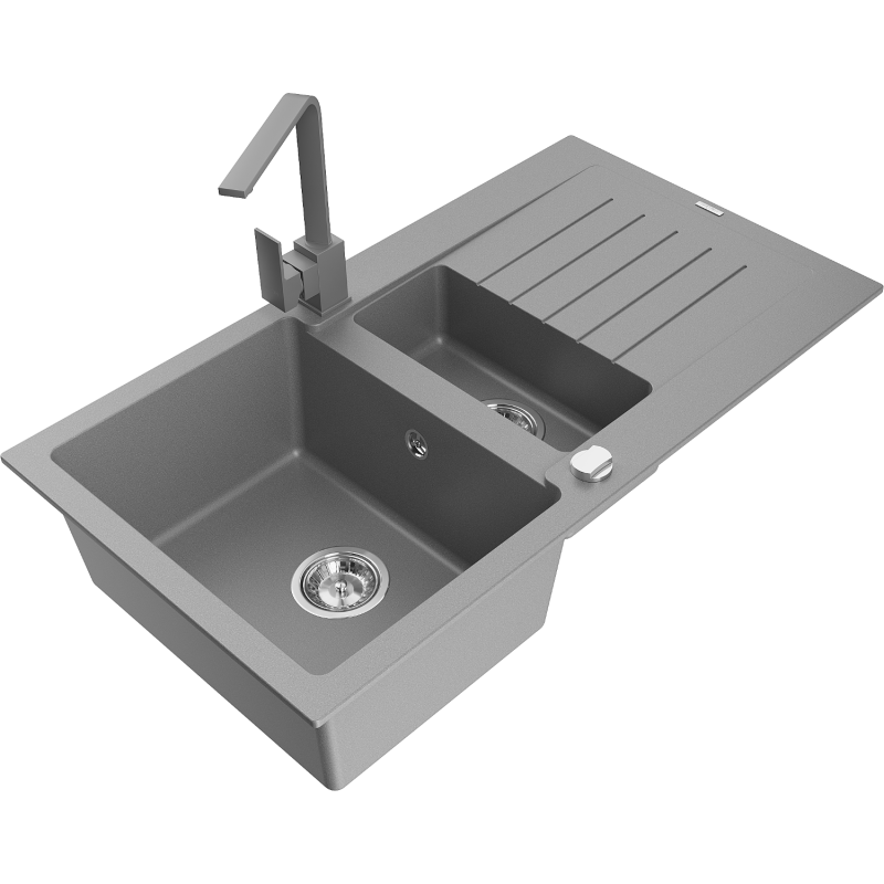 Mexen Matias fregadero de granito de 1,5 senos con escurridor y grifo de cocina Rita, gris - 6502-71-670300-71