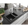 Mexen Matias granitische spoelbak 1,5-kamer met afdruiprek en keukenkraan Rita, zwart/zilver metallic - 6502-73-670300-00