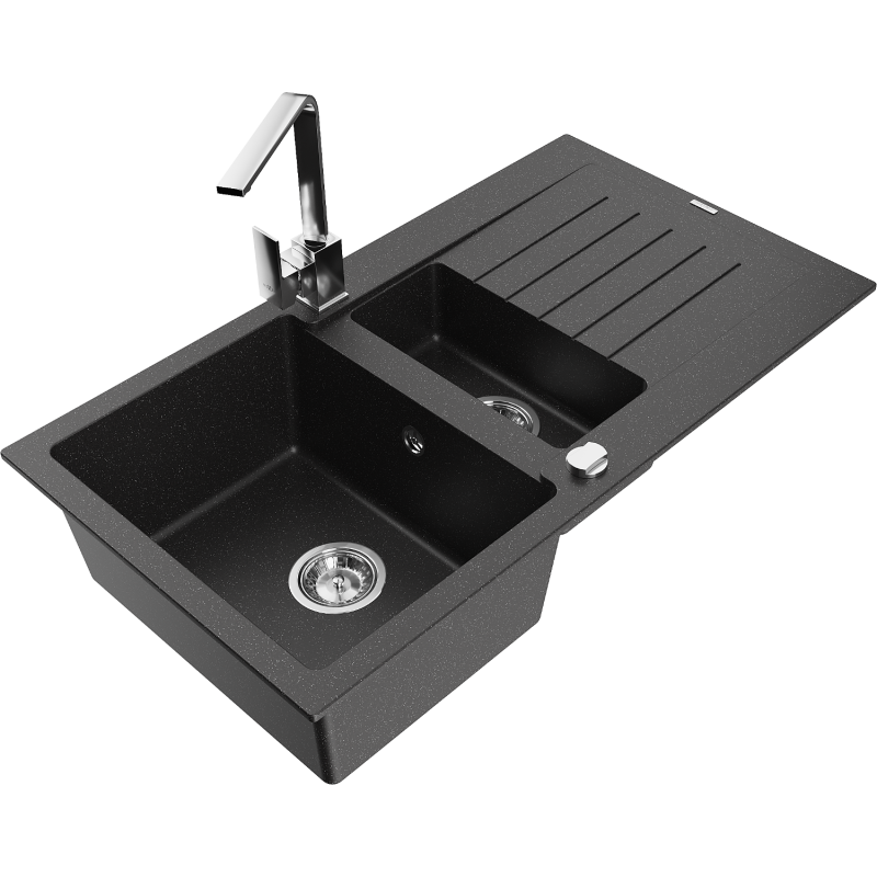 Mexen Matias granieten spoelbak 1,5-komorig met afdruiprek en keukenkraan Rita, zwart/zilver metallic - 6502-73-670300-00