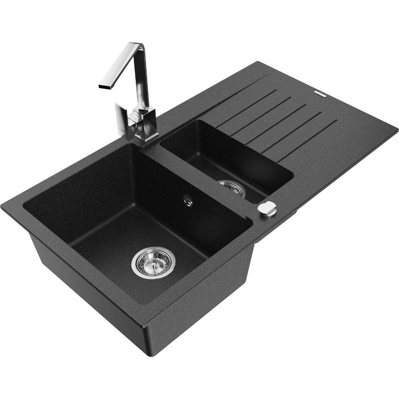 Mexen Matias lava-louça de granito de 1,5 cubas com escorredor e torneira de cozinha Rita, preto/prata metálico