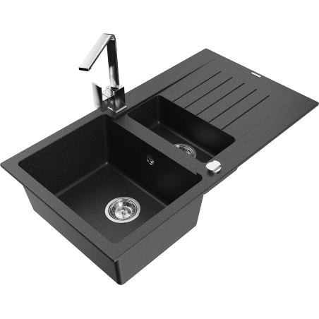 Mexen Matias granitische spoelbak 1,5-kamer met afdruiprek en keukenkraan Rita, zwart/zilver metallic - 6502-73-670300-00
