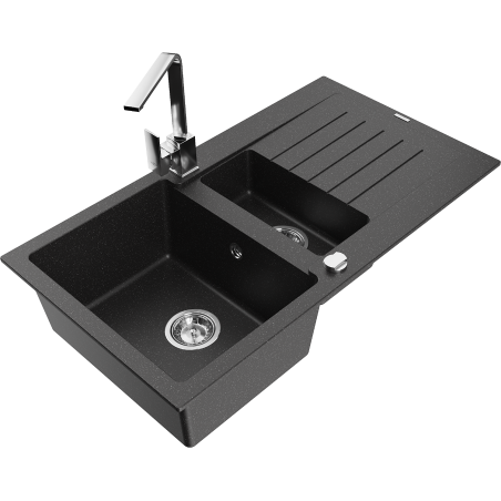Mexen Matias Granitspüle 1,5-Becken mit Abtropffläche und Küchenarmatur Rita, schwarz/silber metallic - 6502-73-670300-00