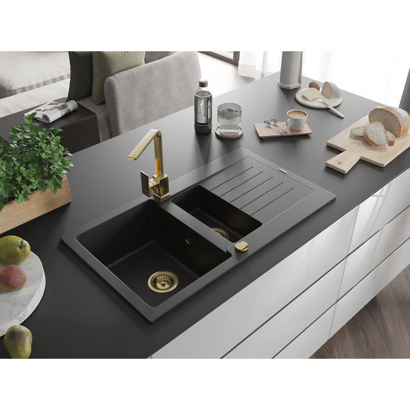 Mexen Matias fregadero de granito 1,5 senos con escurridor y grifo de cocina Rita, negro/plata metalizada - 6502-73-670300-50