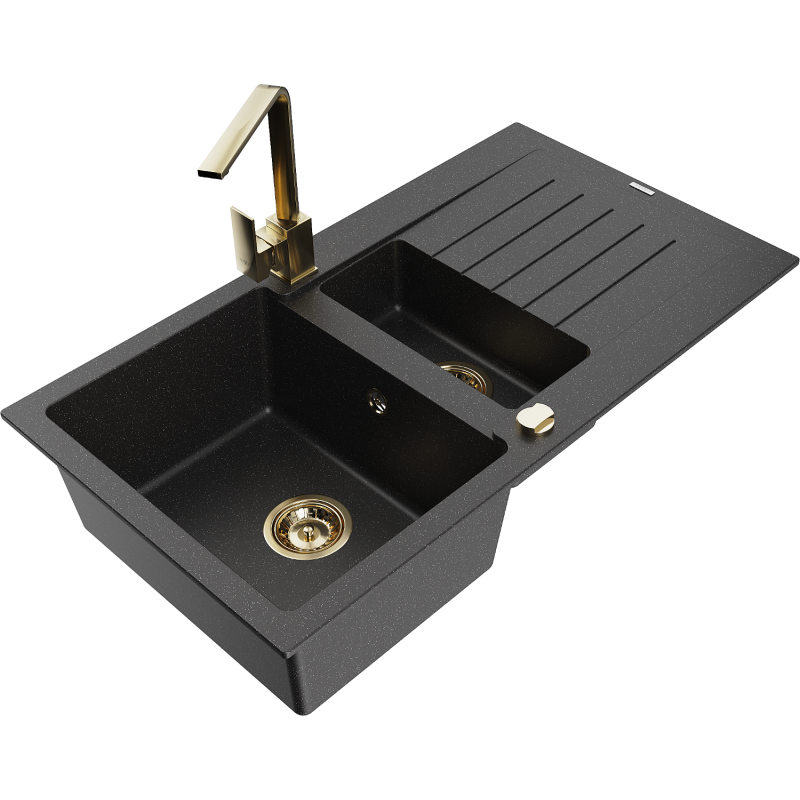 Mexen Matias évier en granit 1,5 bac avec égouttoir et mitigeur de cuisine Rita, noir/argent métallisé - 6502-73-670300-50