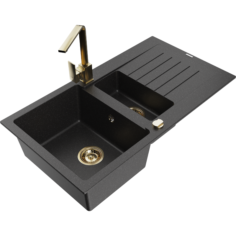 Mexen Matias fregadero de granito 1,5 senos con escurridor y grifo de cocina Rita, negro/plata metalizada - 6502-73-670300-50