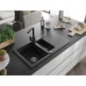 Mexen Matias granite sink 1.5-bowl with drainer and kitchen tap Rita, black/silver metallic - 6502-73-670300-70