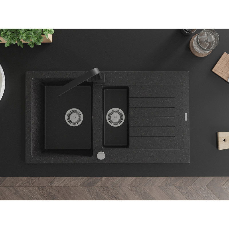 Mexen Matias granite sink 1.5-bowl with drainer and kitchen tap Rita, black/silver metallic - 6502-73-670300-70